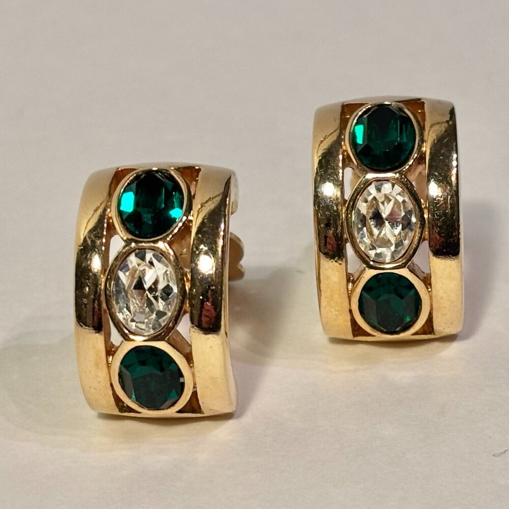 Daniel Swarovski Emerald Green Clear Crystal Gold Plated Half Hoop Clip Earrings